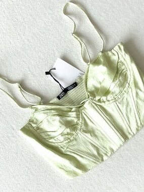 ZARA NWT Light Green Satin Bustier Crop Top